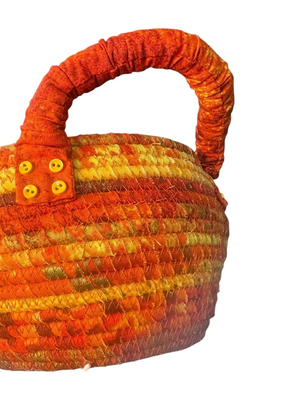 Handmade K Designs Coiled Fabric Basket Orange Rust Gold Double Handle